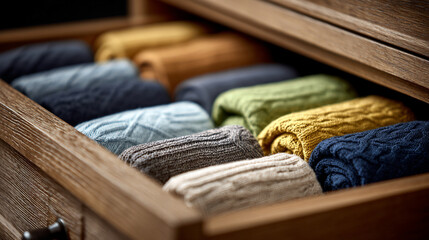 Neatly folded clothes in an open drawer, showcasing organized wardrobe interior, order, simplicity, and home lifestyle, emphasizing tidiness and daily routine.