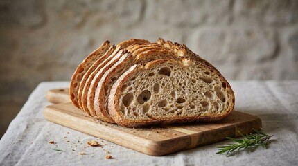 Stack of artisan sourdough bread slices with rustic crust and airy crumb, minimal background