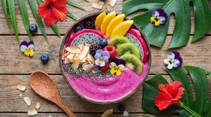 Bright smoothie bowl topped with colorful fruits, chia seeds, and edible flowers, served in a coconut shell, tropical food art