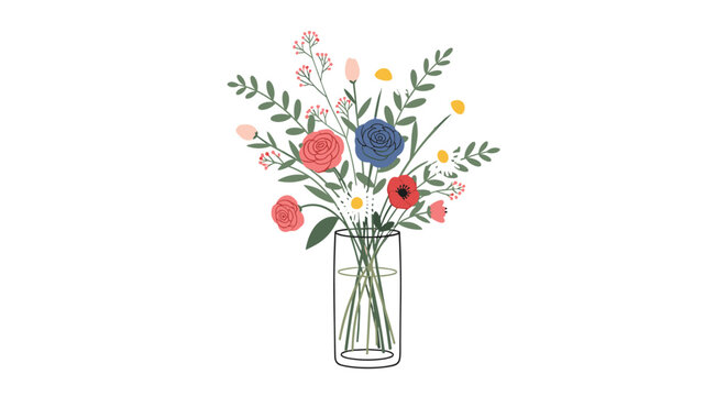 Beautiful hand drawn bouquet of colorful flowers and green leaves arranged in a clear glass vase on a white background.