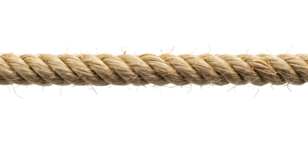 A thick, frayed natural hemp rope suspended horizontally on a transparent background with ample copy space above Concept of texture and minimalism