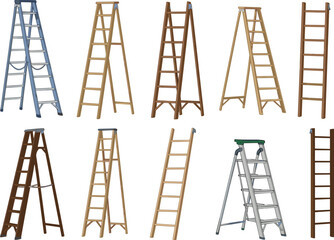 Set of Professional Industrial and Domestic Ladders Including Folding Step Ladders Extension Ladders and Wooden Work Platforms for Construction Maintenance Projects