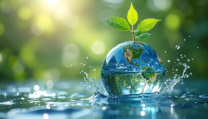 Transparent globe with green sprout sits in clear water splashing. Earth model half submerged, fresh plant grows from above. Blue planet reflects sky and green nature, water droplets fly.