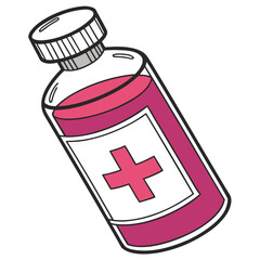 A medicine bottle. It shows a clear glass vial with a white cap, partially filled with pinkish-red liquid, and a white label featuring a bold red cross symbol indicating medical or pharmaceutical