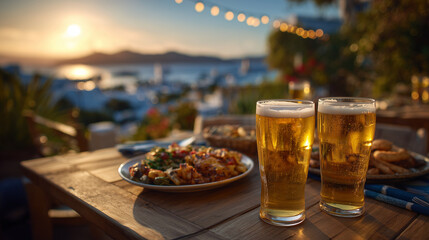 Rustic outdoor table with beer and food at sunset, glasses of beer catching warm reflections, delicious snacks and meals arranged casually, sky painted with sunset colors, joyful g