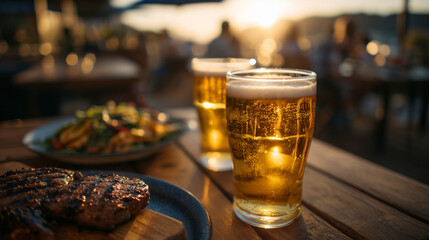 Cinematic sunset scene of a social beer gathering, glasses filled with amber beer, delicious appetizers and grilled food nearby, warm backlighting, joyful and relaxed outdoor celeb