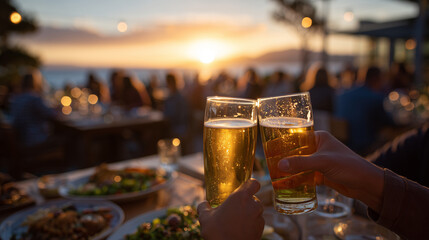 Hands holding beer glasses during sunset, food platters in the center, sun dipping below horizon, warm colors and soft shadows, lively and communal dining experience
