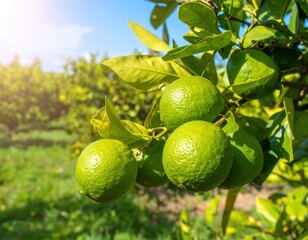 Fresh green limes on tree branch in sunny citrus orchard