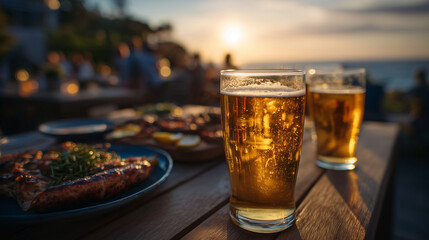 Cinematic sunset scene of a social beer gathering, glasses filled with amber beer, delicious appetizers and grilled food nearby, warm backlighting, joyful and relaxed outdoor celeb