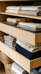 Neatly folded clothes in an open drawer, showcasing organized wardrobe interior, order, simplicity, and home lifestyle, emphasizing tidiness and daily routine.