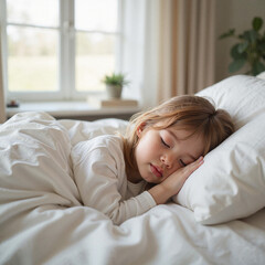 Fototapeta premium Little girl calm sleeping in cozy bed against bright window light