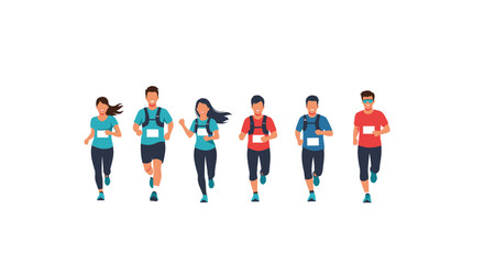 A group of diverse male and female runners participating in a marathon or running event, all wearing sportswear and race numbers.