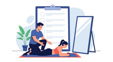 Female client doing a plank exercise with guidance from a male personal trainer in a gym, with a clipboard checklist in the background.