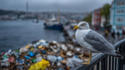 Seagull resting on a coastal railing, staring toward polluted sand and water filled with plastic waste, cloudy sky and cold tones enhancing the seriousness of environmental damage
