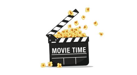 Movie time concept illustration with a cinema clapperboard filled with and surrounded by freshly made, delicious yellow popcorn.