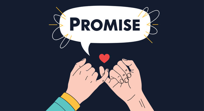 Simple illustration of two hands making a pinky promise with a heart and speech bubble on a dark blue background.