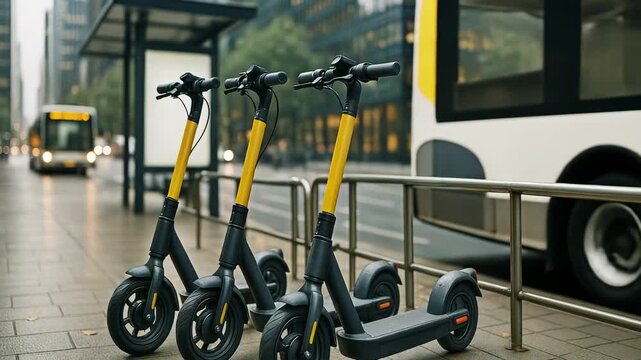 row of modern electric scooters is parked on city street. eco-friendly urban mobility solutions for sustainable transportation. Electric scooters stand in line on an urban sidewalk, green transport.