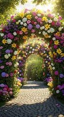 Lush flowering garden archway frames a cobblestone path leading toward bright sunlight