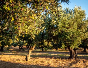Olive Grove with Ripening Olives Under Golden Hour Sunlight