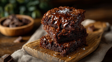Freshly baked brownies stacked on a rustic wooden board, rich chocolate glaze shimmering under gentle light, fudgy crumbs visible, indulgent homemade dessert concept