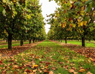 Autumn hazelnut orchard with fallen leaves and rows of trees