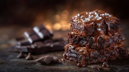 Luxury dessert shot of stacked chocolate brownies, glistening surfaces, deep cocoa color palette, soft directional lighting emphasizing richness and decadence