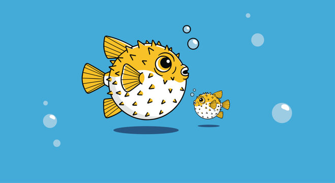 Cute cartoon illustration of a large and small pufferfish swimming in the blue ocean with air bubbles around them.