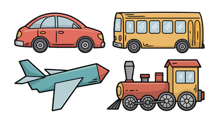 Vehicles' Collection: An illustrative ensemble of vehicles featuring a car, school bus, airplane, and train, perfect for transportation themes.  © Ajhar234
