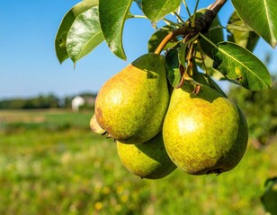 Ripe green and yellow pears hanging on tree branch against blue sky and blurred field