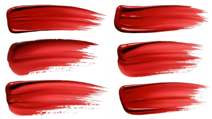 Set of six cosmetic red glossy lipstick or liquid paint brushstrokes vibrant rich makeup smudge texture swatches