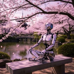 Chrome humanoid figure meditates on a stone bench within a blossoming spring garden featuring a pond and traditional architecture
