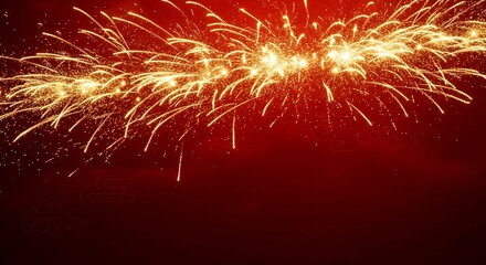 Bright golden fireworks display on a festive deep red background with traditional Asian cloud graphics.