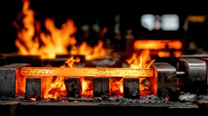 Medium shot of a hightech forge heating metal in a spaceanvil manufacturing hub highlighting intense flames and glowing steel components.