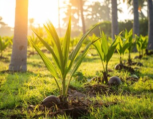 Young coconut palm seedlings growing in a field with golden morning light