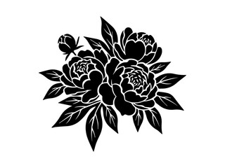 Black and white vector illustration of peonies and leaves 