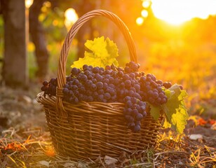 Wicker basket full of fresh dark grapes in vineyard at sunset