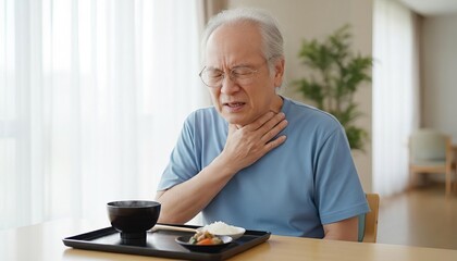 Asian senior man experiencing a painful sore throat or difficulty swallowing during his meal, showing discomfort.