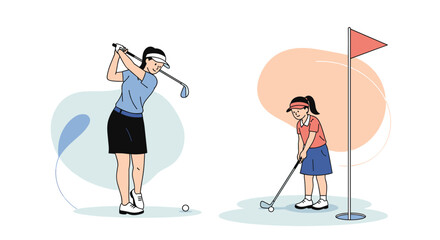 A woman golfer swinging a club and a young girl putting the ball near the hole on a green, illustrating a family sports activity.