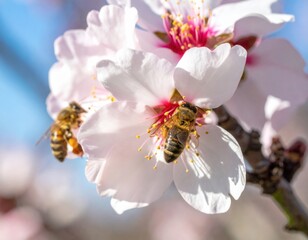 Two honeybees collecting pollen from white almond blossoms in spring