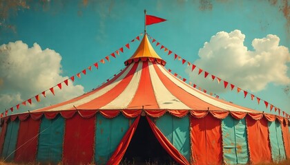 Red and white striped big top circus tent with teal panels, adorned with triangular flags against a blue sky. Open entrance suggests impending fun and entertainment.