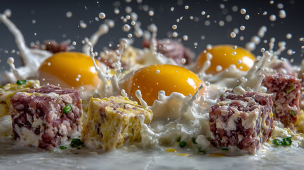 Fresh ingredients frozen in mid-splash, raw eggs with yolks, milk droplets, and meat cubes over white surface, dramatic lighting enhancing textures and colors, energetic culinary s