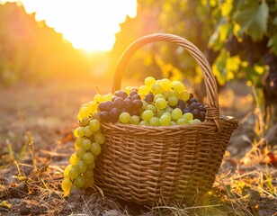 Fresh grapes in wicker basket on ground in sunlit vineyard at sunset