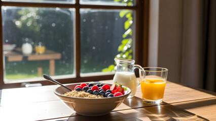 A healthy breakfast setting with a bowl of cereal and orange juice on a wooden table near a window