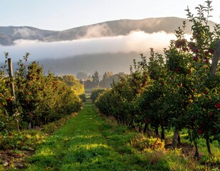 Apple orchard at sunrise with morning fog and mountains