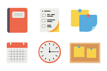 Office Productivity and Planning Flat Icon Set with Notes, Calendar and Clock