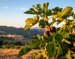Ripe and Unripe Figs on Branch with Green Leaves at Golden Hour