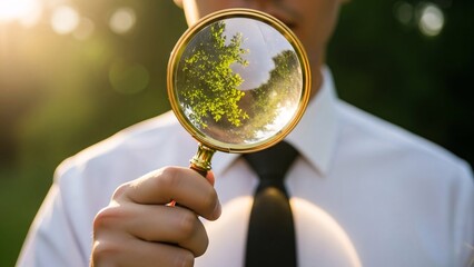 Businessman holding magnifying glass outdoors reflecting green trees and sky in sunny park setting for investigative analysis or environmental research concept