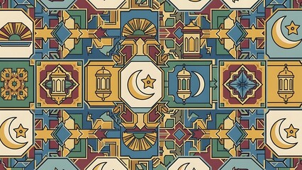 Intricate Islamic geometric pattern with crescent moons, stars, and lanterns in a vintage color palette, creating a seamless decorative background.