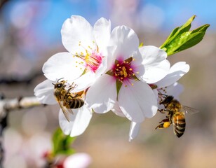 Two honey bees pollinating white almond blossoms on a sunny spring day