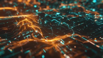 Abstract futuristic digital network glowing city interconnected nodes lines, vibrant orange teal data pulses flowing, dark background, cinematic fly-through, 4K ultra-realistic motion graphics, smooth - Powered by Adobe